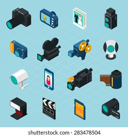 Isometric photo and video icons set with professional camera and equipment isolated vector illustration