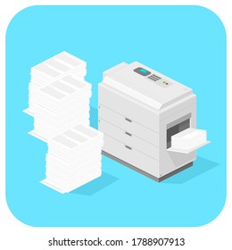 Isometric Photocopier Surrounded by Stacks of Messy Paper Icon - Vector Illustration