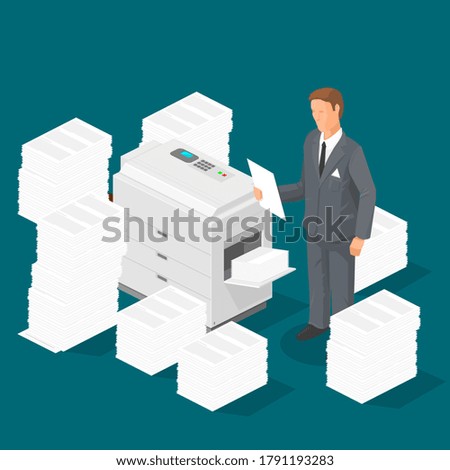 Isometric Photocopier Surrounded by Stacks of Paper With businessman - Vector Illustration