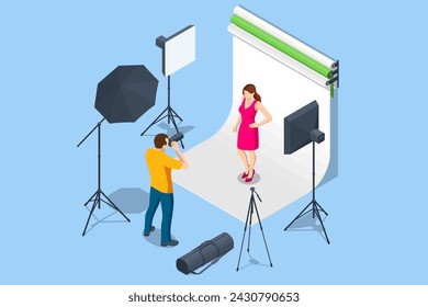 Isometric Photographer and model in studio. Modern photo studio with professional equipment. Young man using a professional camera.