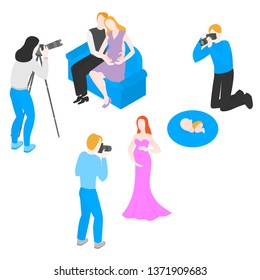 Isometric Photographer Shooting pregnant couple, woman and baby. Photography. Vector Illustration of Photostudio interior and equipment