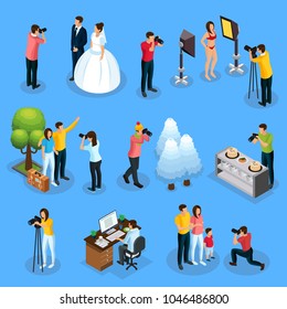 Isometric photographers collection with photographing of wedding model travelers nature food family and photo editing process isolated vector illustration 