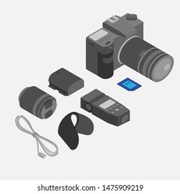 Isometric photography tools, Photostudio equipment set. Photo camera, lens, flashlight and battery vector illustration