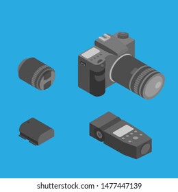 Isometric photography tools, Photostudio equipment set vector illustration. Photo camera, lens, flashlight and battery