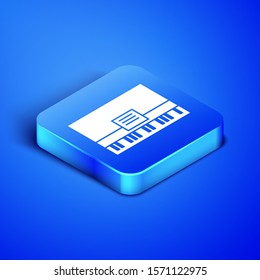 Isometric Piano icon isolated on blue background. Musical instrument. Blue square button. Vector Illustration