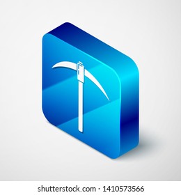 Isometric Pickaxe icon isolated on white background. Blockchain technology, cryptocurrency mining, bitcoin, digital money market, cryptocoin wallet. Blue square button. Vector Illustration