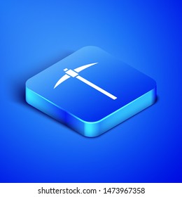 Isometric Pickaxe icon isolated on blue background. Blockchain technology, cryptocurrency mining, bitcoin, digital money market, cryptocoin wallet. Blue square button. Vector Illustration
