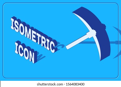 Isometric Pickaxe icon isolated on blue background. Blockchain technology, cryptocurrency mining, bitcoin, digital money market, cryptocoin wallet.  Vector Illustration