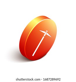Isometric Pickaxe icon isolated on white background. Orange circle button. Vector Illustration