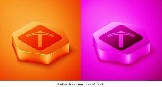 Isometric Pickaxe icon isolated on orange and pink background. Hexagon button. Vector
