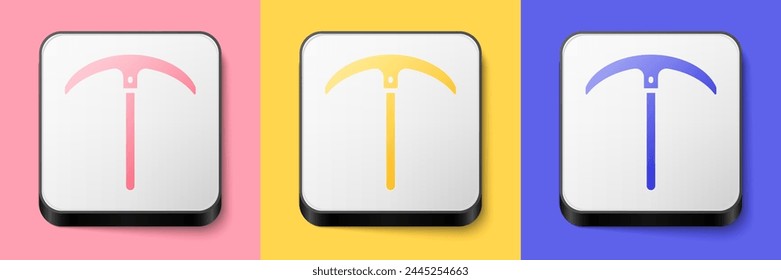 Isometric Pickaxe icon isolated on pink, yellow and blue background. Square button. Vector