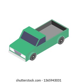 Isometric pickup truck. 3d vector icon in green color isolated on white background. Cargo car conceprt.