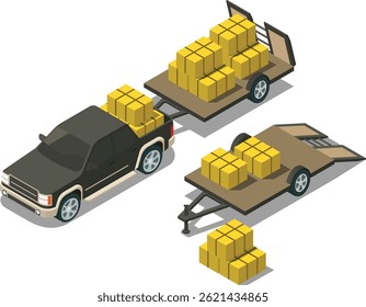 Isometric pickup truck with attached trailer carrying hay