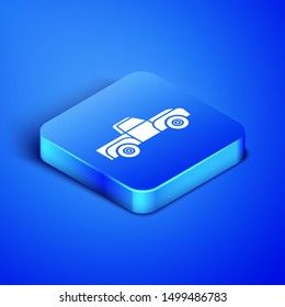 Isometric Pickup truck icon isolated on blue background. Blue square button. Vector Illustration