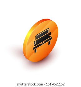 Isometric Pickup truck icon isolated on white background. Orange circle button. Vector Illustration