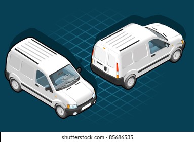 Isometric Pickup Truck Van Delivery Vehicle Transport Car Illustration. Truck Isometric Delivery Van Vector 3d Poster. 