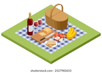 Isometric picnic basket on a blanket in the meadow, surrounded by nature. It represents the idea of relaxation, a romantic meal, and a family weekend outing.