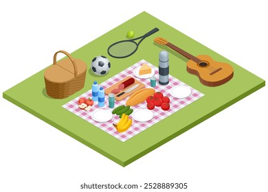 Isometric picnic basket on a blanket in the meadow, surrounded by nature. It represents the idea of relaxation, a romantic meal, and a family weekend outing