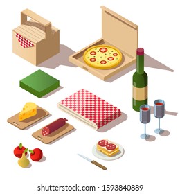 Isometric picnic set with food, pizza box, wine and basket. Vector 3d icons of fresh meal, fruits, bottle with glasses and tablecloth for dinner or lunch outdoor isolated on white background