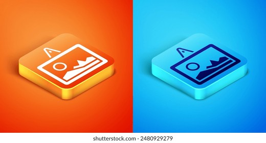 Isometric Picture icon isolated on orange and blue background.  Vector