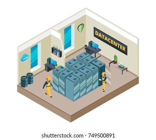 Isometric picture of interior of datacenter with specific equipment. Clouds systems and different symbols of network. Vector data center, room, system digital equipment illustration