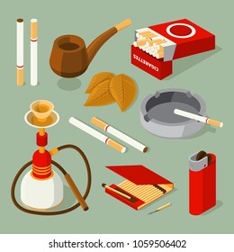 Isometric pictures of different accessories for smokers. Vector tobacco and pipe, addiction and unhealthy nicotine illustration