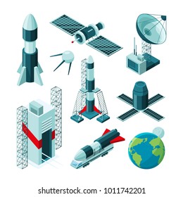 Isometric pictures of different tools and constructions for space center. Shuttle station and rocket satellite, spaceship technology. Vector illustration