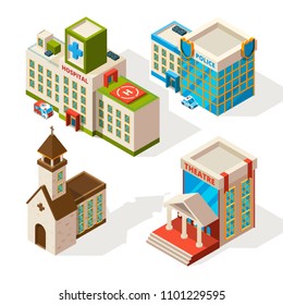 Isometric pictures of municipal buildings. Vector 3d architecture isolate on white. Illustration of police and hospital, church and theatre