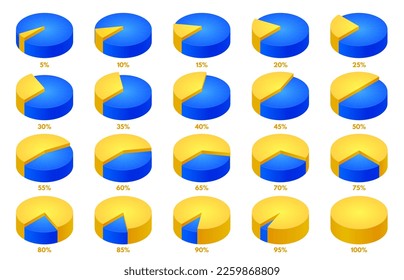 Isometric pie chart animation. Round 3D percent graph, proportion infographic and percentage share vector illustration set. Circular elements with segments for data analytic, info presentation