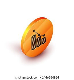 Isometric Pie chart infographic and coin icon isolated on white background. Diagram chart sign.  Orange circle button. Vector Illustration