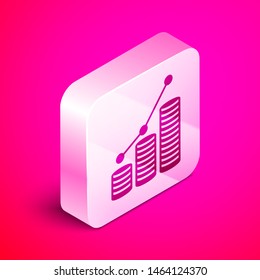 Isometric Pie chart infographic and coin icon isolated on pink background. Diagram chart sign.  Silver square button. Vector Illustration