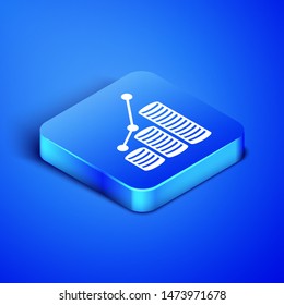 Isometric Pie chart infographic and coin icon isolated on blue background. Diagram chart sign.  Blue square button. Vector Illustration