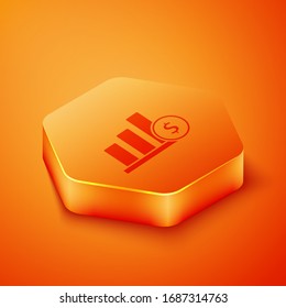 Isometric Pie chart infographic and dollar symbol icon isolated on orange background. Diagram chart sign. Orange hexagon button. Vector Illustration