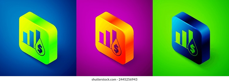 Isometric Pie chart infographic and dollar symbol icon isolated on blue, purple and green background. Diagram chart sign. Square button. Vector