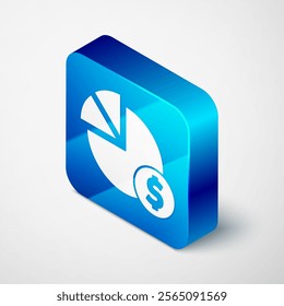 Isometric Pie chart infographic and dollar symbol icon isolated on grey background. Diagram chart sign. Blue square button. Vector