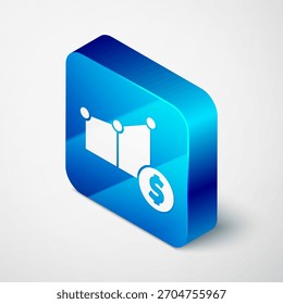 Isometric Pie chart infographic and dollar symbol icon isolated on grey background. Diagram chart sign. Blue square button. Vector