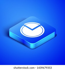 Isometric Pie chart infographic icon isolated on blue background. Diagram chart sign. Blue square button. Vector Illustration