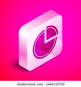 Isometric Pie chart infographic icon isolated on pink background. Diagram chart sign. Silver square button. Vector Illustration