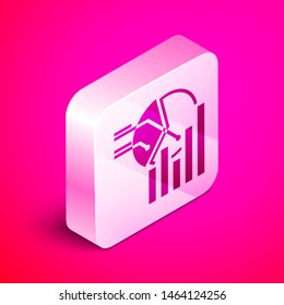 Isometric Pie chart infographic icon isolated on pink background. Diagram chart sign.  Silver square button. Vector Illustration