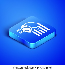 Isometric Pie chart infographic icon isolated on blue background. Diagram chart sign.  Blue square button. Vector Illustration