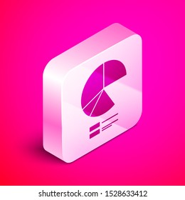 Isometric Pie chart infographic icon isolated on pink background. Diagram chart sign. Silver square button. Vector Illustration