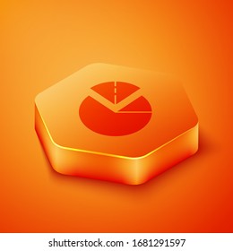 Isometric Pie chart infographic icon isolated on orange background. Diagram chart sign. Orange hexagon button. Vector Illustration