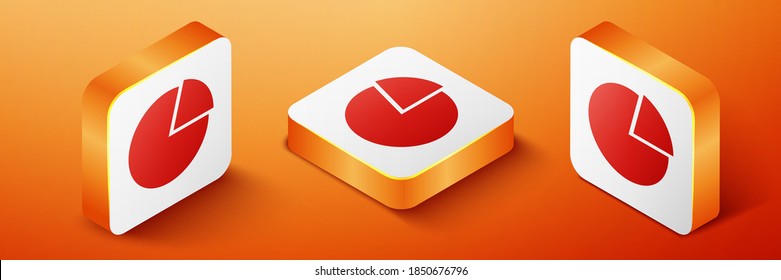 Isometric Pie chart infographic icon isolated on orange background. Presentation graph sign. Diagram chart sign. Market analytics symbol. Orange square button. Vector.