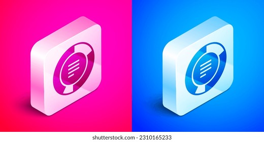 Isometric Pie chart infographic icon isolated on pink and blue background. Diagram chart sign. Silver square button. Vector