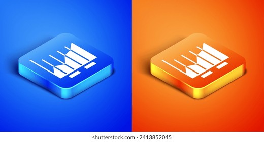 Isometric Pie chart infographic icon isolated on blue and orange background. Diagram chart sign. Square button. Vector Illustration
