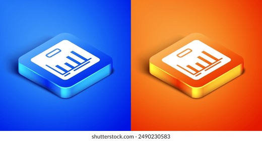 Isometric Pie chart infographic icon isolated on blue and orange background. Diagram chart sign. Square button. Vector