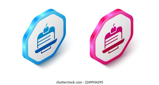 Isometric Piece of cake icon isolated on white background. Happy Birthday. Hexagon button. Vector