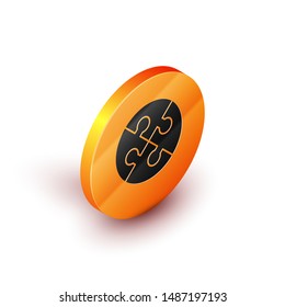 Isometric Piece of puzzle icon isolated on white background. Business, marketing, finance, template, layout, infographics, internet concept. Orange circle button. Vector Illustration
