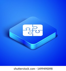 Isometric Piece of puzzle icon isolated on blue background. Business, marketing, finance, template, layout, infographics, internet concept. Blue square button. Vector Illustration Isometric Piece of puzzle icon isolated on blue background. Business, marketing, finance, template, layout, infographics, internet concept. Blue square button. Vector Illustration