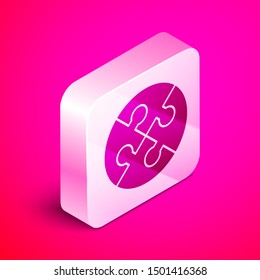 Isometric Piece of puzzle icon isolated on pink background. Business, marketing, finance, template, layout, infographics, internet concept. Silver square button. Vector Illustration